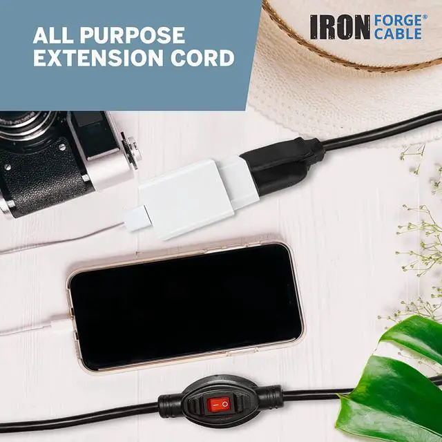 Alt view image 5 of 5 - Iron Forge Cable 6 Ft Black Extension Cord with Inline Switch On/Off, 16/3 SJTW 3 Prong with in Line Switch On Off Power -10 AMP Cord - ETL Listed