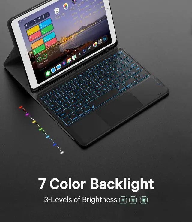 Alt view image 3 of 7 - For iPad 9.7 inch Case with Keyboard, iPad 6th Gen (2018), iPad 5th Gen (2017), iPad Air 2 (2014), 7 Color Backlit, Support 2 BT Devices, Touchpad Keyboard, Black
