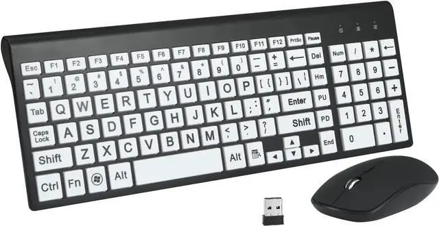 Main image of Full Size Large Print 2.4g Wireless Keyboard and Mouse with Oversized Print for Kids Visually Impaired Low Vision Individuals (Black)