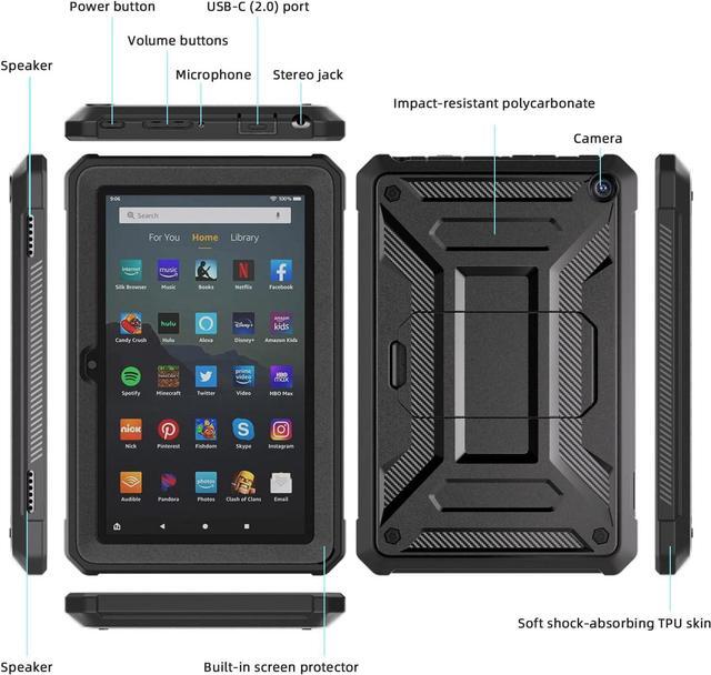Alt view image 3 of 7 - Fire HD 8 & HD 8 Plus Tablet Case (Only 12th Gen 2024/2022) - [Light-Duty] Full Body Rugged Cover with Built-in Screen Protector for Kindle Fire HD 8 Kids Tablet & Kids Pro Tablet - Black