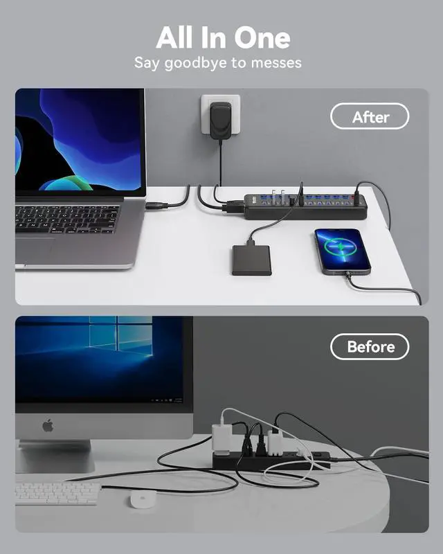 Alt view image 6 of 7 - Powered USB Hub, Wenter 11-Port USB Splitter Hub (10 Faster Data Transfer Ports+ 1 Smart Charging Port) with Individual LED On/Off Switches, USB Hub 3.0 Powered with Power Adapter for Mac, PC