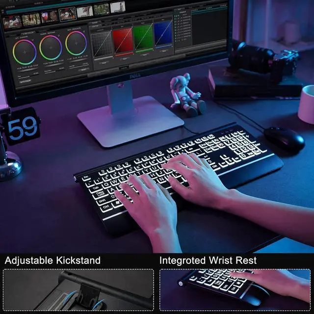 Alt view image 6 of 7 - Large Print Backlit Computer Keyboard, USB Full Size Wired Keyboards with 7-Colors Backlight, Wrist Rest, Light Up Keyboard for Windows, PC, Laptop - Easy to See, Easy to Setup