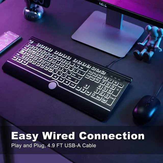Alt view image 7 of 7 - Large Print Backlit Computer Keyboard, USB Full Size Wired Keyboards with 7-Colors Backlight, Wrist Rest, Light Up Keyboard for Windows, PC, Laptop - Easy to See, Easy to Setup