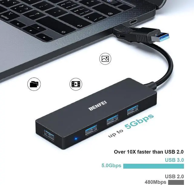 Alt view image 3 of 7 - BENFEI USB 3.0 Hub, 4 Ports USB Splitter Ultra-Slim USB Expander for Mouse, Keyboard, Flash Drive, U Disk, Printer Compatible with Laptop, Desktop PC, Xbox, PS5, and More