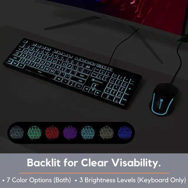 Alt view image 3 of 7 - X9 Performance Large Print Keyboard and Mouse Combo - Easy to See Lighted Big Print Letters - USB Wired Backlit Keyboard and Mouse - Light Up Key Keyboard for Elderly, Low Vision, Visually Impaired