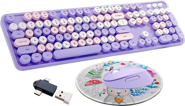 Main image of Seaciyan Wireless Keyboard and Mouse Combo, Ergonomic Cute Retro Typewriter Full Size Colorful USB Cordless Keyboard Mouse Set for Gaming and Office (Purple)