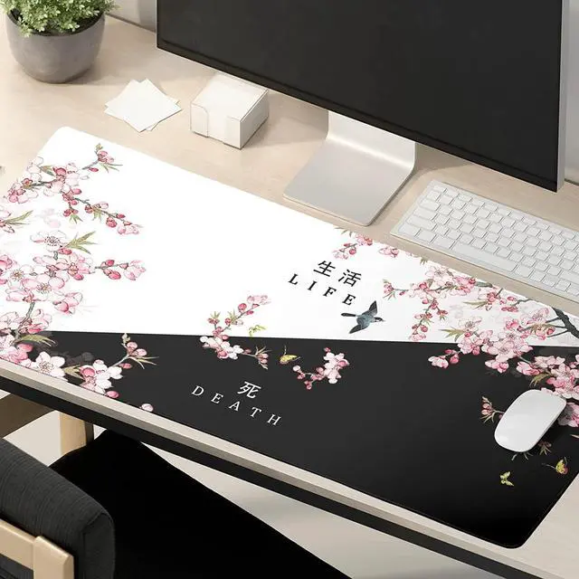 Alt view image 5 of 7 - Black and White Cherry Blossom Gaming Mouse Pad XLExtended Large Mouse Mat Desk Pad Japanese Pink Sakura Death Life Long Non Slip Rubber Base Mice Pad 31.5 X 11.8 Inch