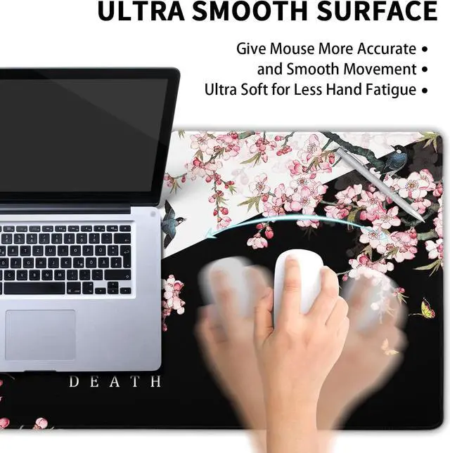 Alt view image 4 of 7 - Black and White Cherry Blossom Gaming Mouse Pad XLExtended Large Mouse Mat Desk Pad Japanese Pink Sakura Death Life Long Non Slip Rubber Base Mice Pad 31.5 X 11.8 Inch