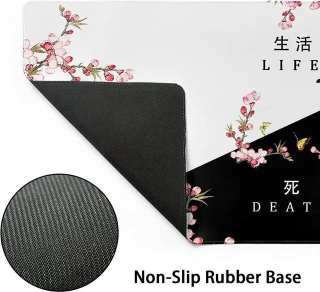 Alt view image 3 of 7 - Black and White Cherry Blossom Gaming Mouse Pad XLExtended Large Mouse Mat Desk Pad Japanese Pink Sakura Death Life Long Non Slip Rubber Base Mice Pad 31.5 X 11.8 Inch