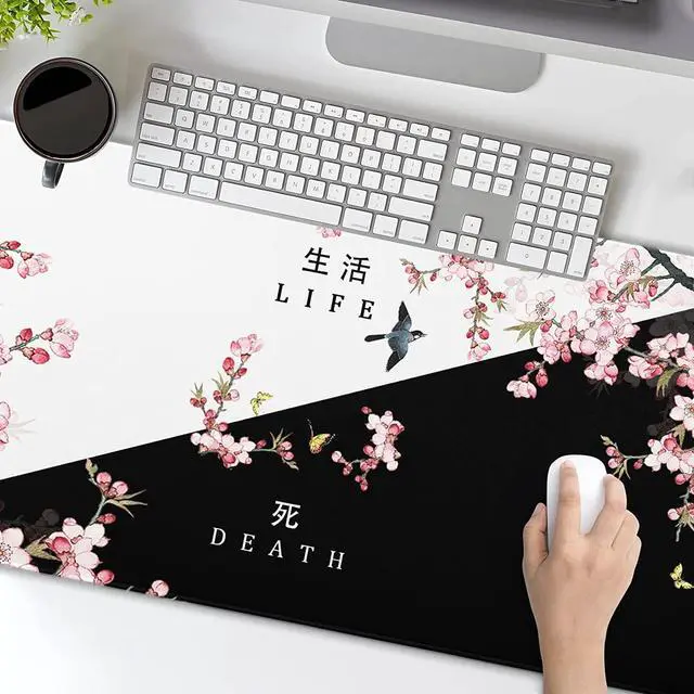 Alt view image 7 of 7 - Black and White Cherry Blossom Gaming Mouse Pad XLExtended Large Mouse Mat Desk Pad Japanese Pink Sakura Death Life Long Non Slip Rubber Base Mice Pad 31.5 X 11.8 Inch