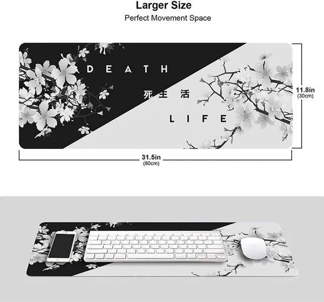 Alt view image 2 of 7 - Black and White Cherry Blossom Gaming Mouse Pad XL Extended Stitched Edges Large Mouse Mat Desk Pad Long Non Slip Rubber Base Mice Pad31.5 X 11.8 Inch