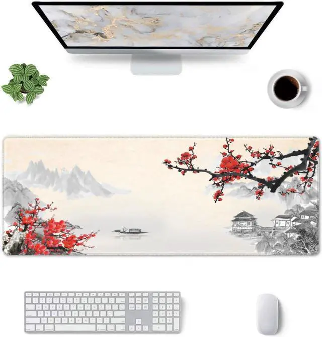 Alt view image 2 of 7 - Japanese Cherry Blossom Gaming Mouse Pad Extended Large Mouse Mat Desk Pad Stitched Edges Mousepad 3mm Thick Long Non-Slip Rubber Base Mice Pad 31.5 X 11.8 Inch