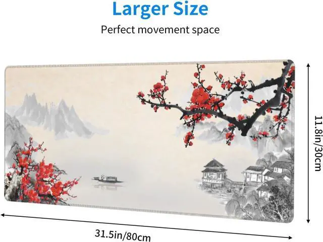 Alt view image 3 of 7 - Japanese Cherry Blossom Gaming Mouse Pad Extended Large Mouse Mat Desk Pad Stitched Edges Mousepad 3mm Thick Long Non-Slip Rubber Base Mice Pad 31.5 X 11.8 Inch