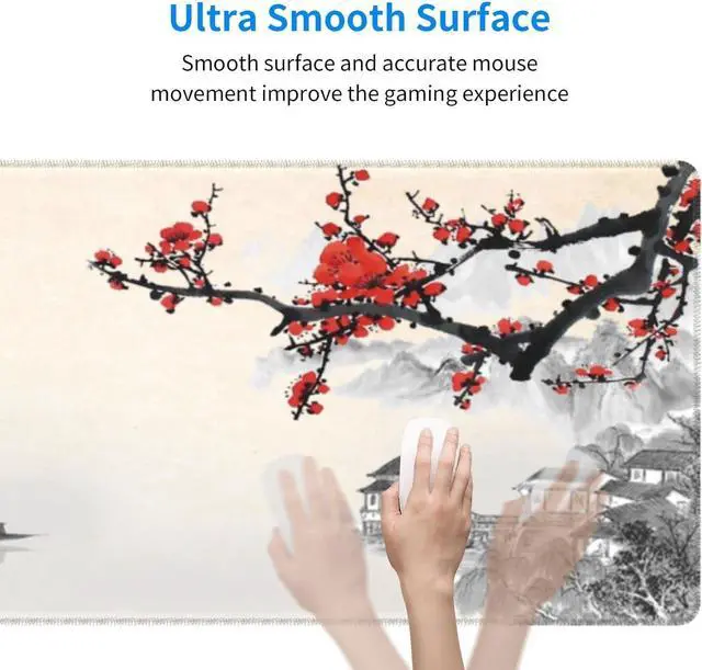 Alt view image 5 of 7 - Japanese Cherry Blossom Gaming Mouse Pad Extended Large Mouse Mat Desk Pad Stitched Edges Mousepad 3mm Thick Long Non-Slip Rubber Base Mice Pad 31.5 X 11.8 Inch