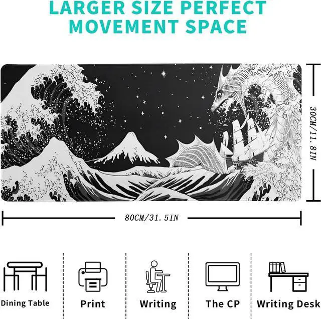 Alt view image 2 of 7 - Black and White Japanese Wave Dragon Gaming Mouse Pad - Abstract Mat with Non-Slip Rubber Base 31.5x11.8 Inch Stitched Edges - Desk Pad for Office and Home