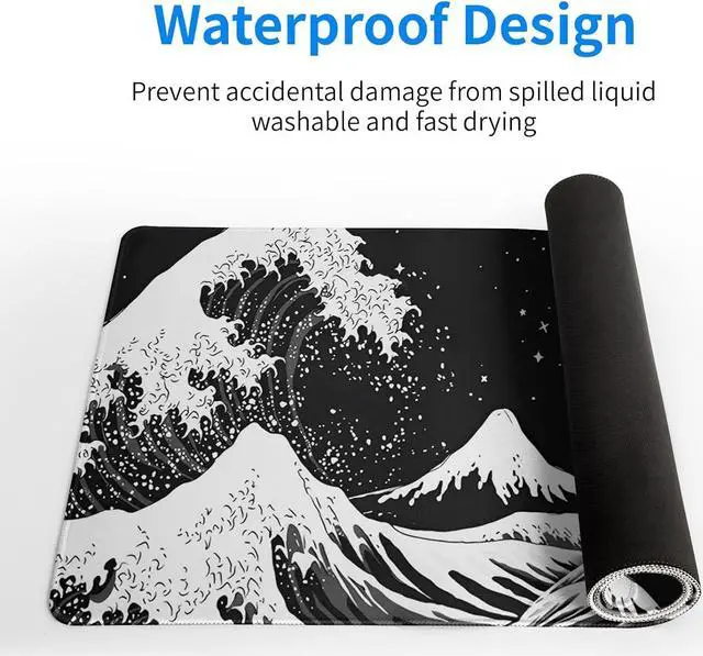 Alt view image 4 of 7 - Black and White Japanese Wave Dragon Gaming Mouse Pad - Abstract Mat with Non-Slip Rubber Base 31.5x11.8 Inch Stitched Edges - Desk Pad for Office and Home