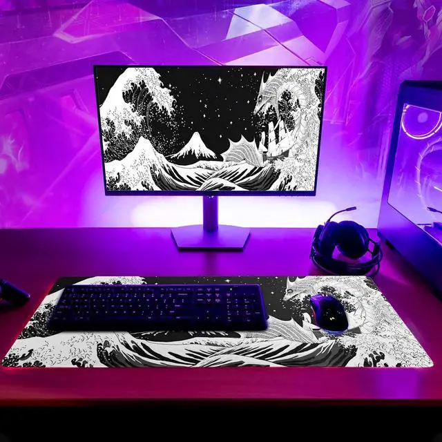 Alt view image 6 of 7 - Black and White Japanese Wave Dragon Gaming Mouse Pad - Abstract Mat with Non-Slip Rubber Base 31.5x11.8 Inch Stitched Edges - Desk Pad for Office and Home
