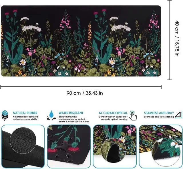 Alt view image 2 of 7 - iCasso Desk Mat, Big Desk Pad, XXL Extended Gaming Mouse Pad, Large Mouse Pad for Desk Protector, Rubber Base Mousepad with Stitched Edges, Keyboard Mouse Mat for Work, Game, Office, Home - Weeds