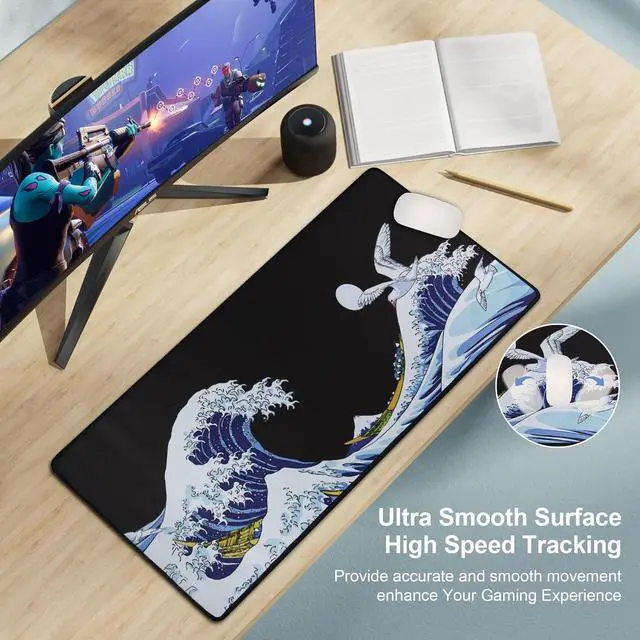Alt view image 2 of 7 - Large Gaming Mouse Pad Sea Wave Full Desk Japanese Mousepad Extended Non-Slip Water-Resistant Rubber Base Big Keyboard Mat 31.5x11.8 Inch 3mm Thick XL XXL Rubber Table Mat for Gaming and Office