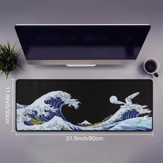 Alt view image 3 of 7 - Large Gaming Mouse Pad Sea Wave Full Desk Japanese Mousepad Extended Non-Slip Water-Resistant Rubber Base Big Keyboard Mat 31.5x11.8 Inch 3mm Thick XL XXL Rubber Table Mat for Gaming and Office