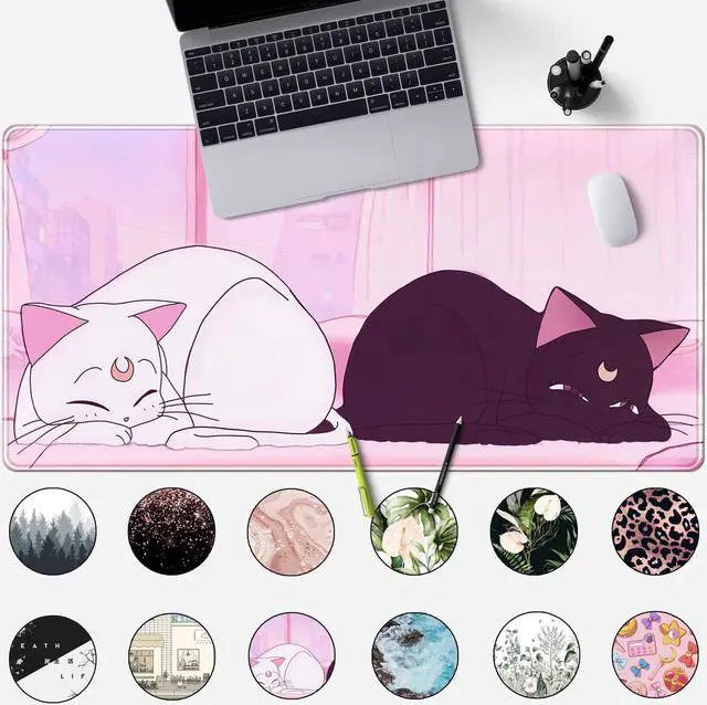 Alt view image 2 of 6 - Desk Pad Pink Anime White Cat Black Cat Gaming Mouse Pad Large Office Decor Exclusive Beautiful Girls Non-Slip Rubber Computer Mat For Women Desktop with Stitched Edges 31.5x15.7 in