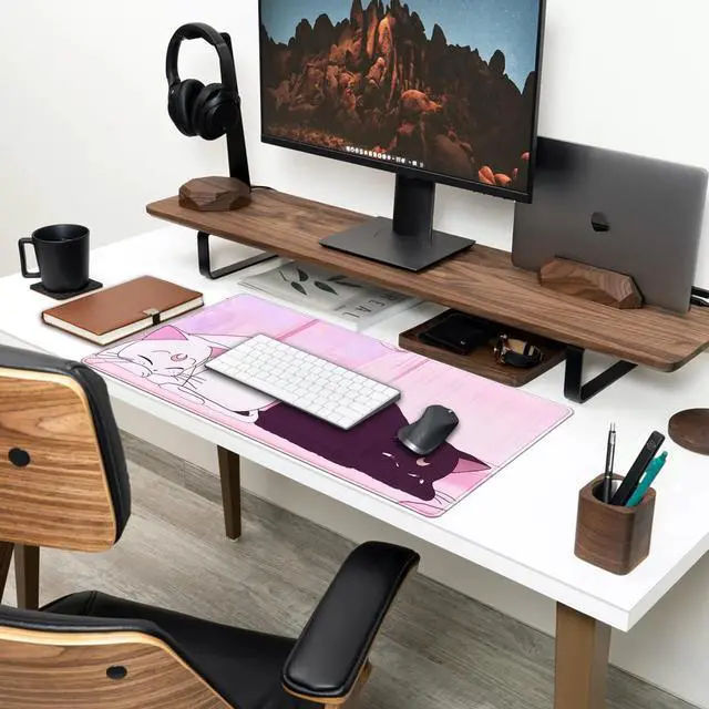 Alt view image 3 of 6 - Desk Pad Pink Anime White Cat Black Cat Gaming Mouse Pad Large Office Decor Exclusive Beautiful Girls Non-Slip Rubber Computer Mat For Women Desktop with Stitched Edges 31.5x15.7 in