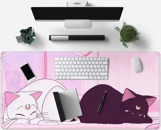 Alt view image 4 of 6 - Desk Pad Pink Anime White Cat Black Cat Gaming Mouse Pad Large Office Decor Exclusive Beautiful Girls Non-Slip Rubber Computer Mat For Women Desktop with Stitched Edges 31.5x15.7 in