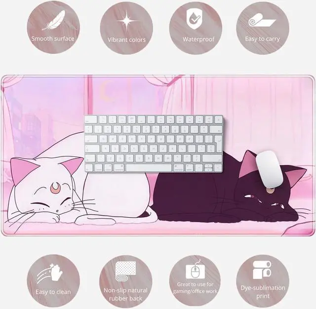 Alt view image 6 of 6 - Desk Pad Pink Anime White Cat Black Cat Gaming Mouse Pad Large Office Decor Exclusive Beautiful Girls Non-Slip Rubber Computer Mat For Women Desktop with Stitched Edges 31.5x15.7 in