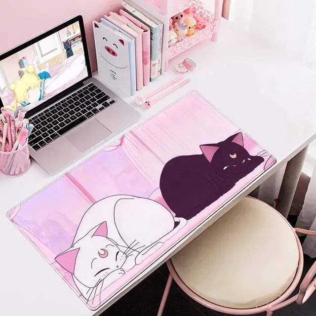 Alt view image 5 of 6 - Desk Pad Pink Anime White Cat Black Cat Gaming Mouse Pad Large Office Decor Exclusive Beautiful Girls Non-Slip Rubber Computer Mat For Women Desktop with Stitched Edges 31.5x15.7 in