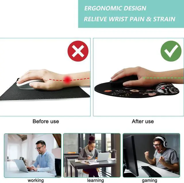 Alt view image 2 of 7 - Mouse Pad with Wrist Support Ergonomic Mouse Pad with Memory Foam Wrist Rest Cushion Non-Slip Rubber Base Gaming Mice Pad for Home Office Computer Laptop Flower Black
