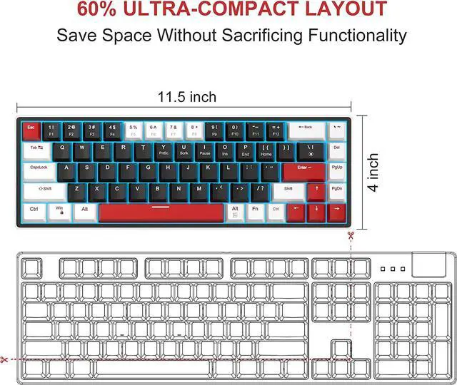 Alt view image 7 of 7 - MageGee 60% Mechanical Gaming Keyboard, 68 Keys Hot-Swappable Compact Blue LED Backlit Gaming Keyboard, SKY68 Wired Ergonomic Mini Office Keyboard for Windows PC Gamer (Red Switch, White & Black)