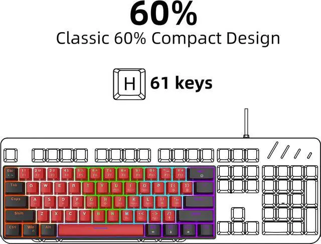 Alt view image 2 of 7 - Snpurdiri 60% Wired Mechanical Keyboard, Mini Gaming Keyboard with 61 Keys for PC, Windows XP, Win 7, Win 10 (Black-Red, Red Switches)