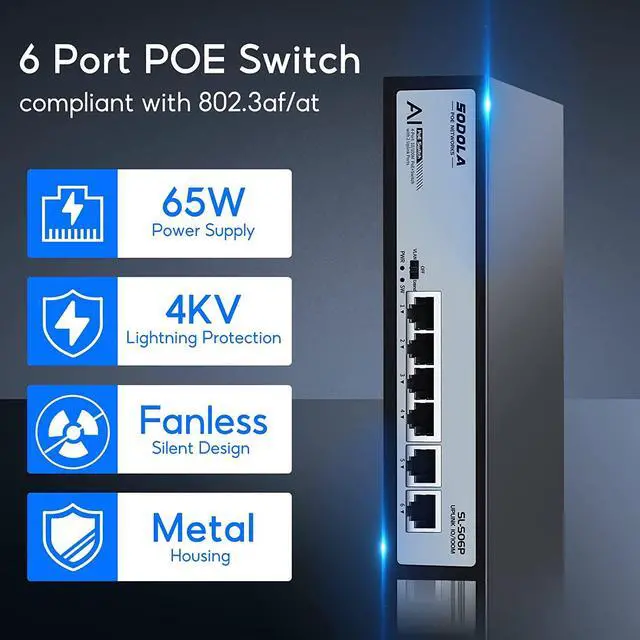 Alt view image 3 of 7 - 4 Port PoE+ Switch | 4 PoE+ Ports &2 Fast Ethernet uplink,65W 802.3af/at, Extend Function, Fanless Metal,Plug & Play Unmanaged Network Switch