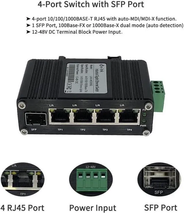 Alt view image 4 of 7 - Mini Industrial 4 Port 10/100/1000Mbps Gigabit Ethernet Switch with SFP Din Rail/Wall-Mount 10/100/1000BASE-T RJ45 + 1 100/1000FX (SFP) Support 12-48V DC 10Gbps Switching Capacity