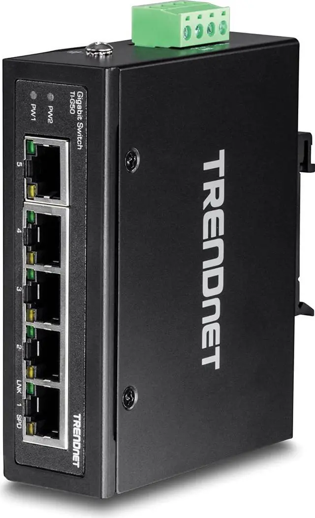 Main image of TRENDnet 5-Port Hardened Industrial Gigabit DIN-Rail Switch, 10 Gbps Switching Capacity, IP30 Rated Network Switch (-40 to 167 ºF), DIN-Rail & Wall Mounts Included, Lifetime Protection, Black, TI-G50