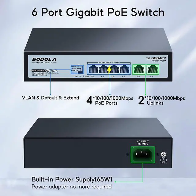Alt view image 2 of 7 - 4 Port Gigabit PoE Switch with 2 Uplinks, AI Watchdog/Extend/Port Isolation, 802.3af/at,Plug & Play Unmanaged Network Switch