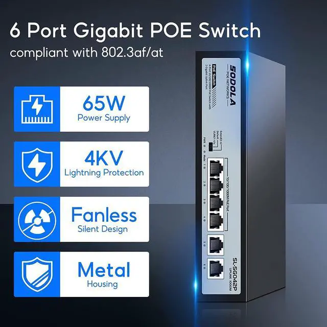 Alt view image 4 of 7 - 4 Port Gigabit PoE Switch with 2 Uplinks, AI Watchdog/Extend/Port Isolation, 802.3af/at,Plug & Play Unmanaged Network Switch