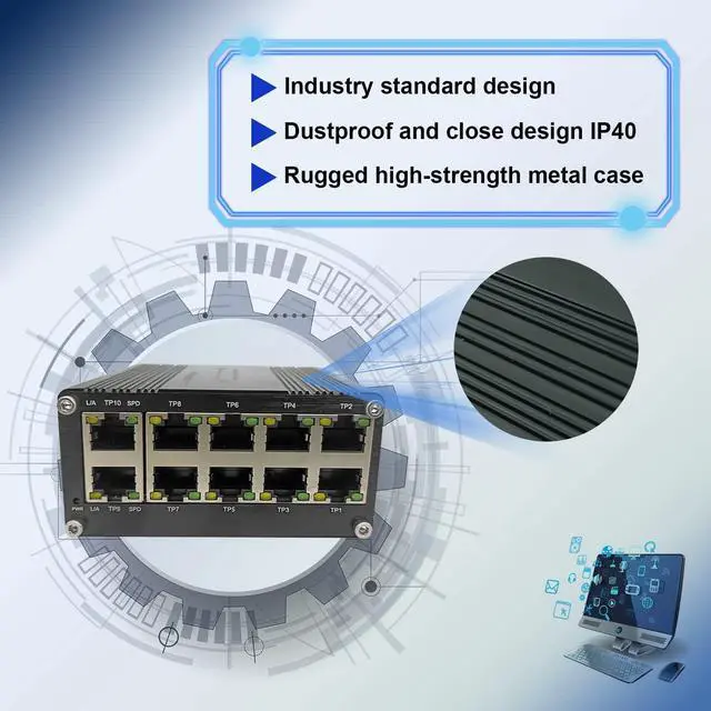 Alt view image 5 of 7 - Hardened Industrial Gigabit Compact Ethernet Switch 10-Port 10/100/1000BASE-T RJ45 with auto-MDI/MDI-X Function 10/100Mbps Half/Full Duplex and 1000Mbps Full Duplex 12~48VDC Wide Range Power Input