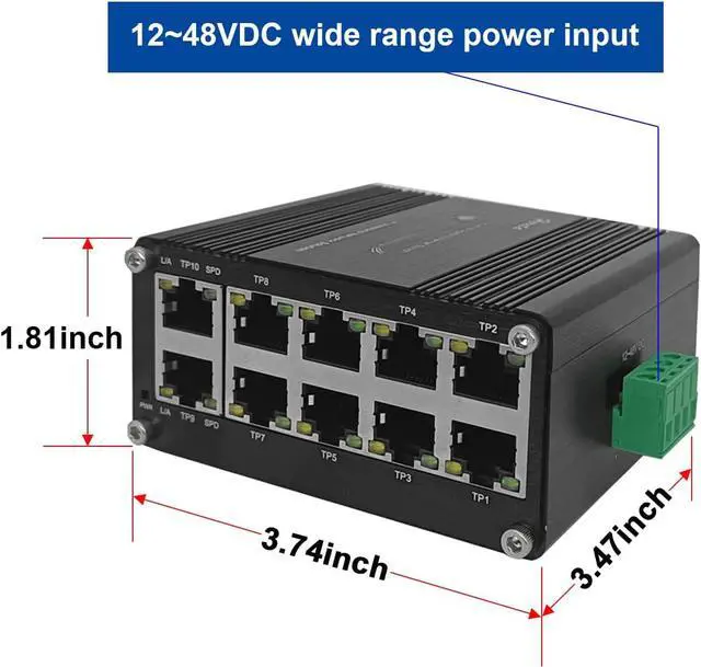Alt view image 4 of 7 - Hardened Industrial Gigabit Compact Ethernet Switch 10-Port 10/100/1000BASE-T RJ45 with auto-MDI/MDI-X Function 10/100Mbps Half/Full Duplex and 1000Mbps Full Duplex 12~48VDC Wide Range Power Input