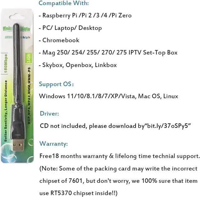 Alt view image 5 of 5 - 150Mbps USB WiFi Adapter, LOTEKOO RT5370 Chip Wireless Network Card Adapter for Desktop Laptop Windows, MAC OS, Linux, Raspberry Pi /Pi 2 3 4 Zero, Mag Set-Top Box