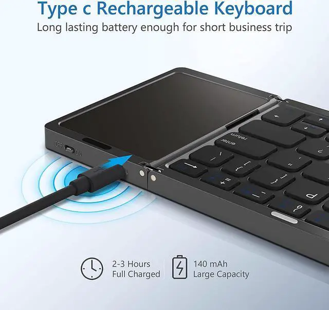 Alt view image 7 of 7 - Acoucou Foldable Bluetooth Keyboard with Touchpad Portable Wireless (Sync Up to 3 Devices), Rechargeable Mini Wireless Bluetooth Tri-Folding Keyboard for Android iOS Windows Tablets