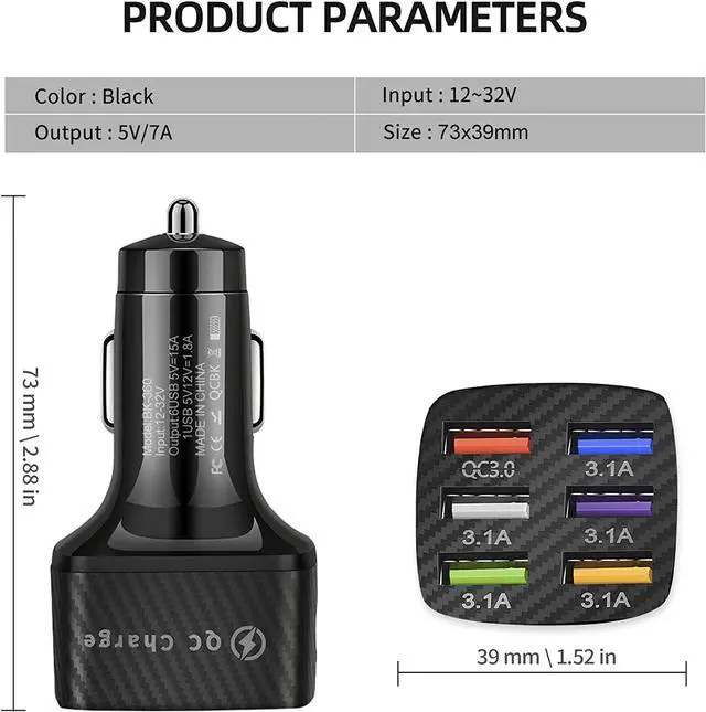 Alt view image 2 of 6 - Car Charger Adapter 6 USB Multi Port Fast Charger Include QC 3.0 and 5 Other Ports Car Interior Accessories Fit for iPhone 13/12/11/pro  Galaxy/Note S10/S9/S8 Android - Black