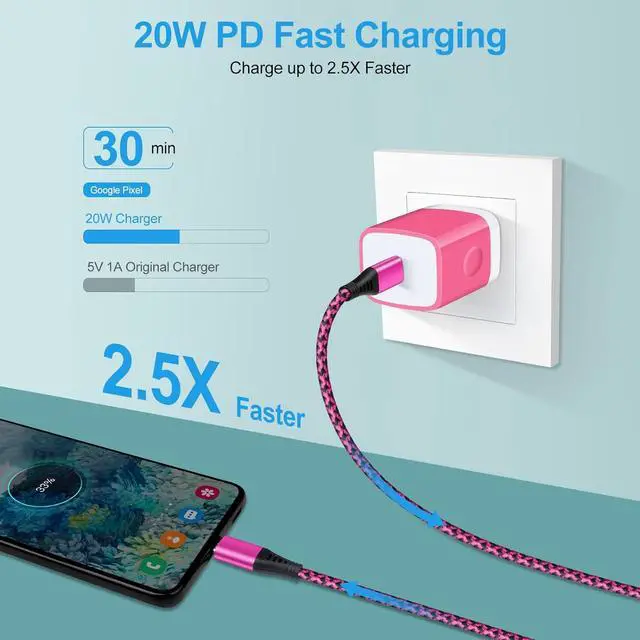 Alt view image 2 of 7 - USB C Power Adapter Fast Wall Charger Compatible iPhone 15 iPad Pro 2021/2020/2018 11/12.9 iPad mini 6 iPad Air 4  Galaxy A03s A53 A73 S22 A52 20W PD Charger Block 6FT Type C to C Cable