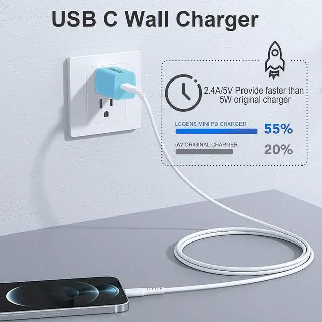 Alt view image 4 of 7 - USB C Wall Charger, Miady 2 Pack 2.4A/5V Wall Charger Adapter Compatible for iPhone 14/14 Pro Max/13/13Pro/12/12 Pro, iPad  and More (Creamy Blue+Clove Purple)
