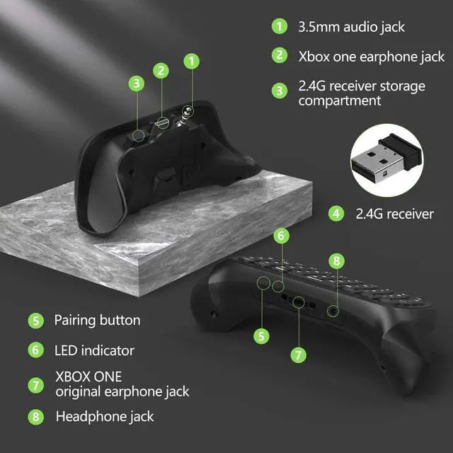 Alt view image 7 of 7 - TiMOVO Green Backlight Keyboard for Xbox One, Xbox Series X/S,Wireless Chatpad Message KeyPad with Headset & Audio Jack,Mini Game Keyboard Fit Xbox One/One S/One Elite/2, 2.4G Receiver Included, Black