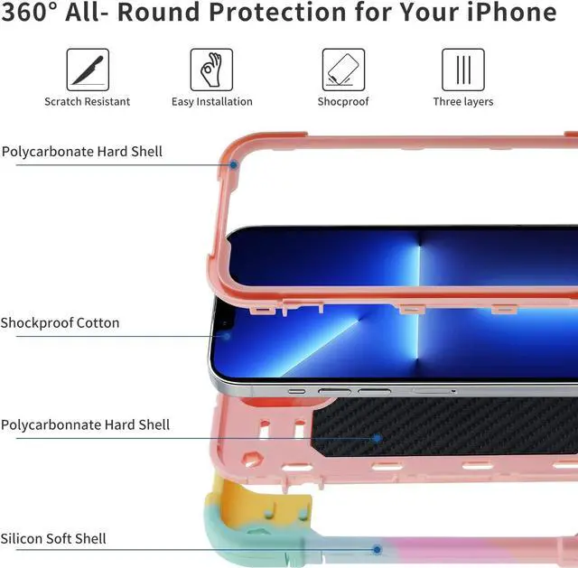 Alt view image 4 of 7 - Compatible with iPhone 14 Case/iPhone 13 Case 6.1 Inch with Built-in 360°Rotating Ring Stand Military Grade Drop Protection Full Body Rugged Heavy Duty Protective Cover. (Rainbow Pink)