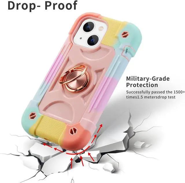 Alt view image 3 of 7 - Compatible with iPhone 14 Case/iPhone 13 Case 6.1 Inch with Built-in 360°Rotating Ring Stand Military Grade Drop Protection Full Body Rugged Heavy Duty Protective Cover. (Rainbow Pink)
