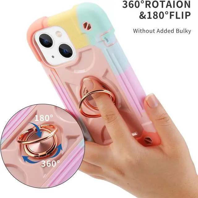 Alt view image 6 of 7 - Compatible with iPhone 14 Case/iPhone 13 Case 6.1 Inch with Built-in 360°Rotating Ring Stand Military Grade Drop Protection Full Body Rugged Heavy Duty Protective Cover. (Rainbow Pink)