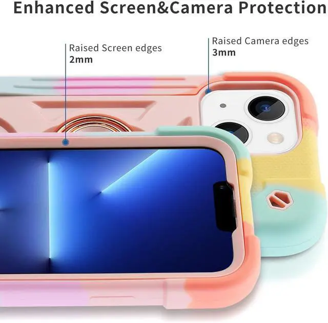 Alt view image 5 of 7 - Compatible with iPhone 14 Case/iPhone 13 Case 6.1 Inch with Built-in 360°Rotating Ring Stand Military Grade Drop Protection Full Body Rugged Heavy Duty Protective Cover. (Rainbow Pink)