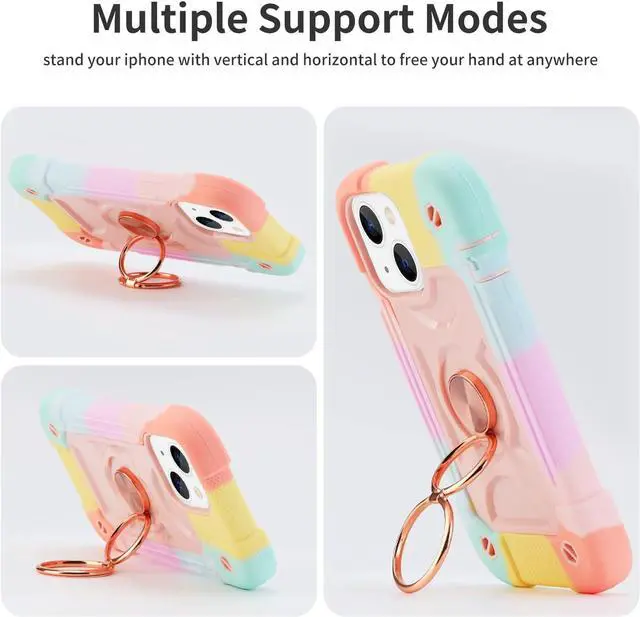 Alt view image 7 of 7 - Compatible with iPhone 14 Case/iPhone 13 Case 6.1 Inch with Built-in 360°Rotating Ring Stand Military Grade Drop Protection Full Body Rugged Heavy Duty Protective Cover. (Rainbow Pink)